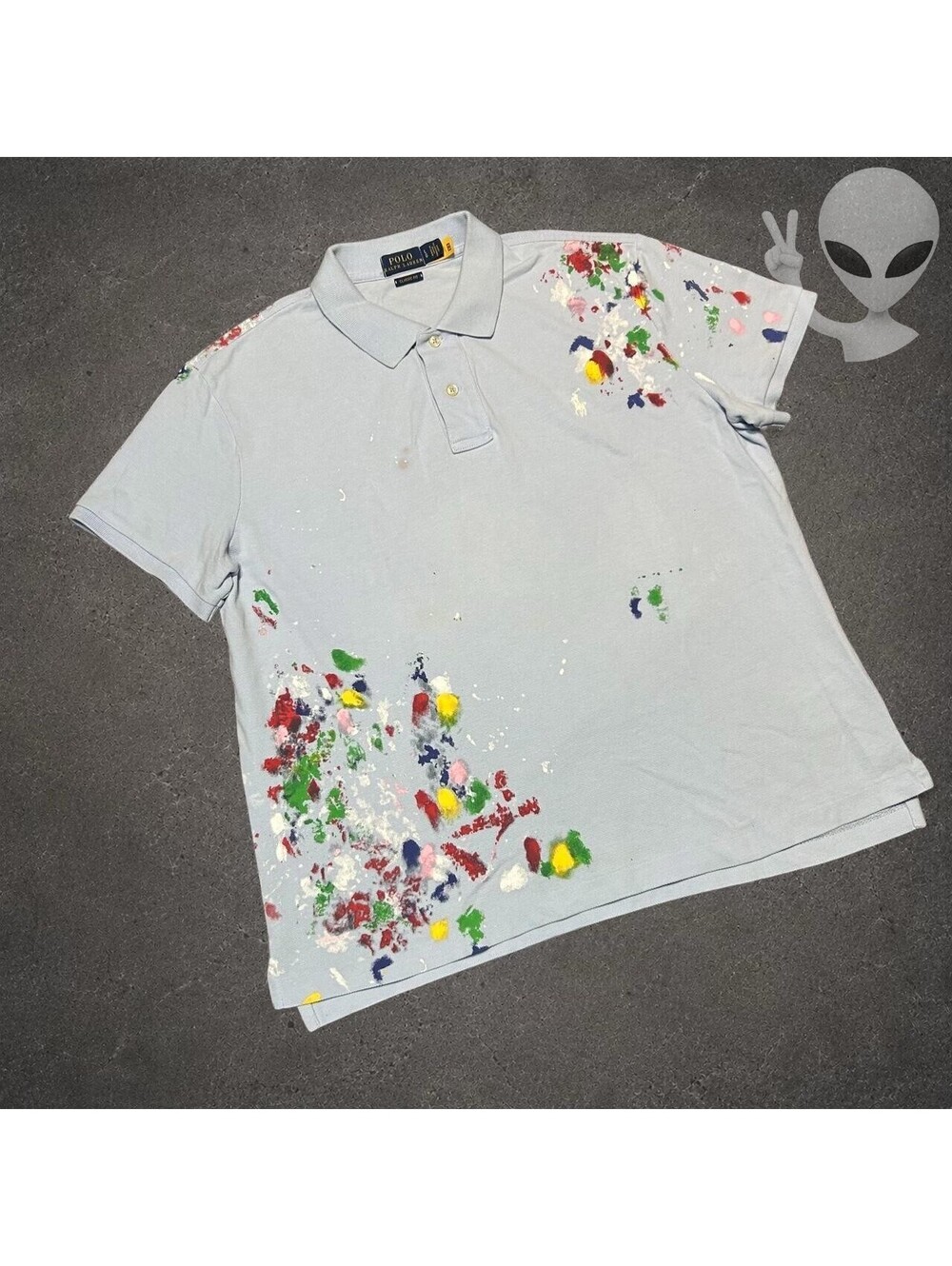 Polo Ralph Lauren Distressed Paint Splatter Classic Fit Polo Shirt Blue Womens L